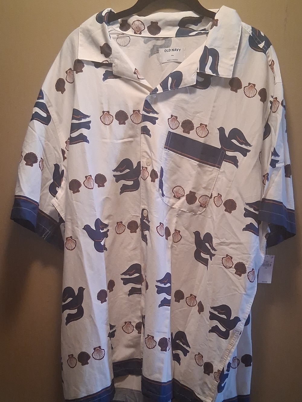 Old Navy White SS Shell & Wave Print Button-Up Shirt W Front Pocket XXL